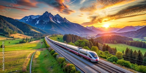 High-speed European passenger train speeding through beautiful mountain landscape at sunset photo