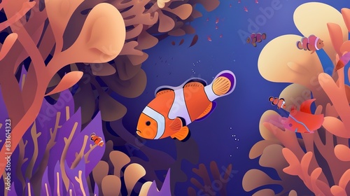 Clownfish among coral flat design top view  tropical paradise  animation  complementary color scheme 