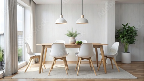 Minimalist dining area with four white chairs  wooden table  and pendant light against white wall