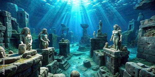Underwater of ancient ruins with stone figurines and walls photo