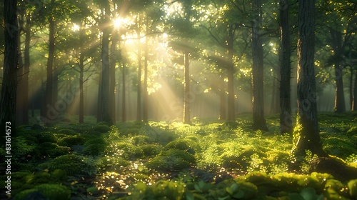 A 3D rendering of a serene forest at dawn  with sunlight filtering through the dense canopy of tall trees  casting long shadows and creating a mystical atmosphere.