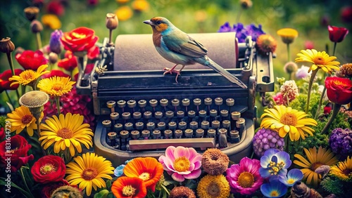 Vintage typewriter surrounded by colorful flowers with a bird perched on top photo