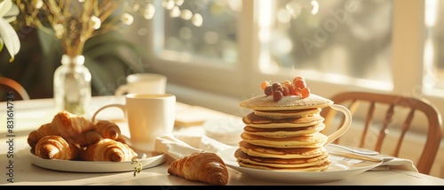 Closeup of a stack of pancakes with fruit on top, next to a plate of croissants.