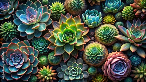 Abstract composition of focus stacked succulents and plants with a fractal design on black background photo