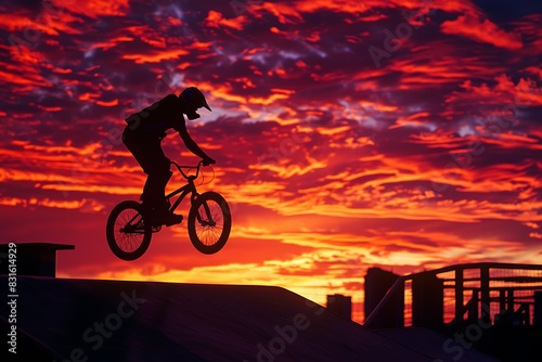 BMX rider launching from a ramp, silhouetted against a fiery sunset, with the city skyline in the background.