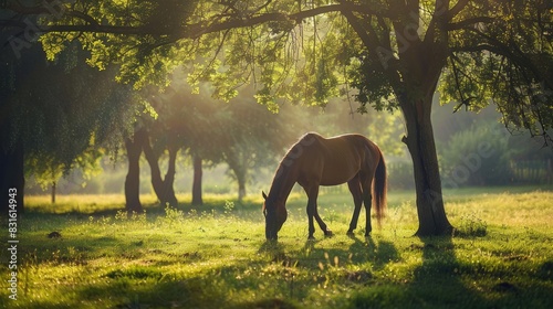 Horse grazing in a summer paddock surrounded by trees in nature © Emin