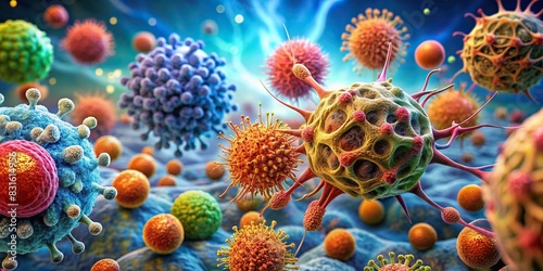 rendering of tumor microenvironment with cancer cells, T-Cells, nanoparticles, fibroblast layer, molecules, and blood vessels photo