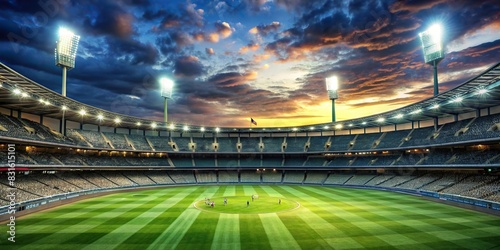 Nighttime stadium with blurred lighting background for football and cricket