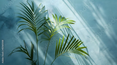 Summer composition. Palm leaves on pastel blue background. 