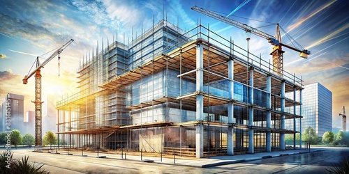 Digital drawing of building construction with double exposure design