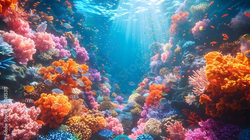 A 3D rendering of a vibrant underwater scene with colorful coral reefs, diverse marine life including fish, turtles, and rays, all illuminated by rays of sunlight penetrating the clear blue water © Love Mohammad