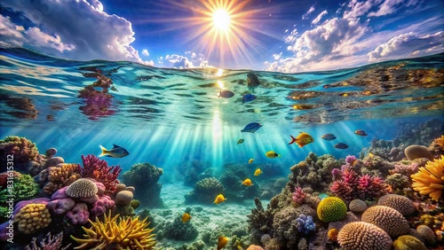 Crystal clear blue ocean water surface with sunlight shining through, underwater view of coral reefs and fish swimming photo