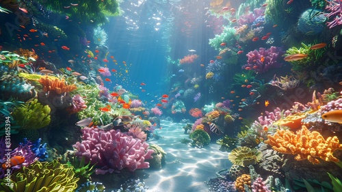 A 3D rendering of a vibrant underwater scene with colorful coral reefs, diverse marine life including fish, turtles, and rays, all illuminated by rays of sunlight penetrating the clear blue water