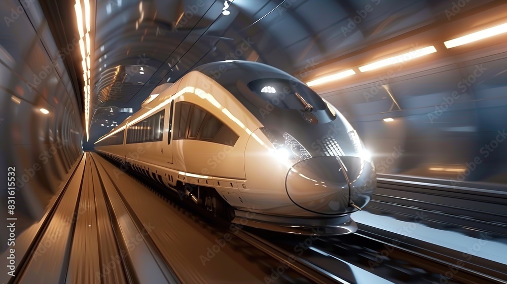 Futuristic high-speed train moving through a digitally enhanced tunnel, showcasing modern transportation technology Futuristic high-speed train moving through a digitally enhanced tunnel, showcasing modern transportation technology