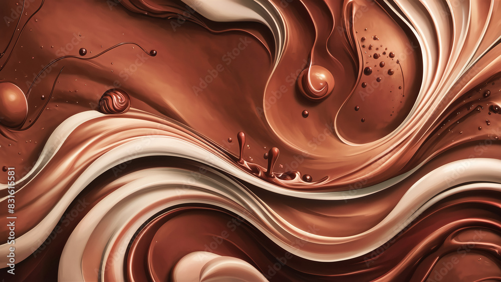 Abstract image featuring swirling patterns of milk and dark chocolate with smooth, flowing textures and small chocolate droplets. Abstract image featuring swirling patterns of milk and dark chocolate with smooth, flowing textures and small chocolate droplets.