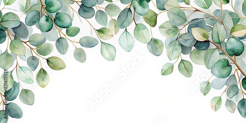 Watercolor banner with green eucalyptus leaves and branches on background for wedding invitations or greeting cards