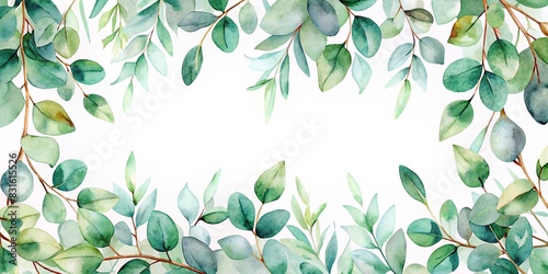 Watercolor banner with green eucalyptus leaves and branches on background for wedding invitations or greeting cards