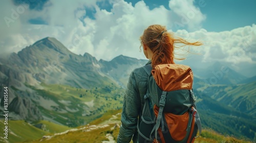 A woman with red hair is standing on a mountain top with a backpack on, hike concept photo