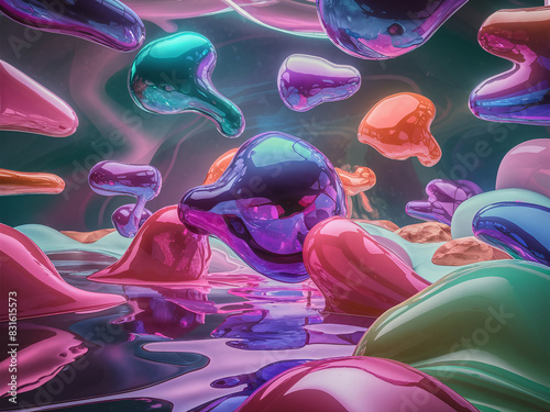 Surreal digital artwork with colorful, glossy, blob-like shapes floating in reflective, liquid-like environment. Vibrant, abstract scene.