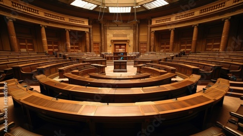 A large room with wooden chairs and a podium photo