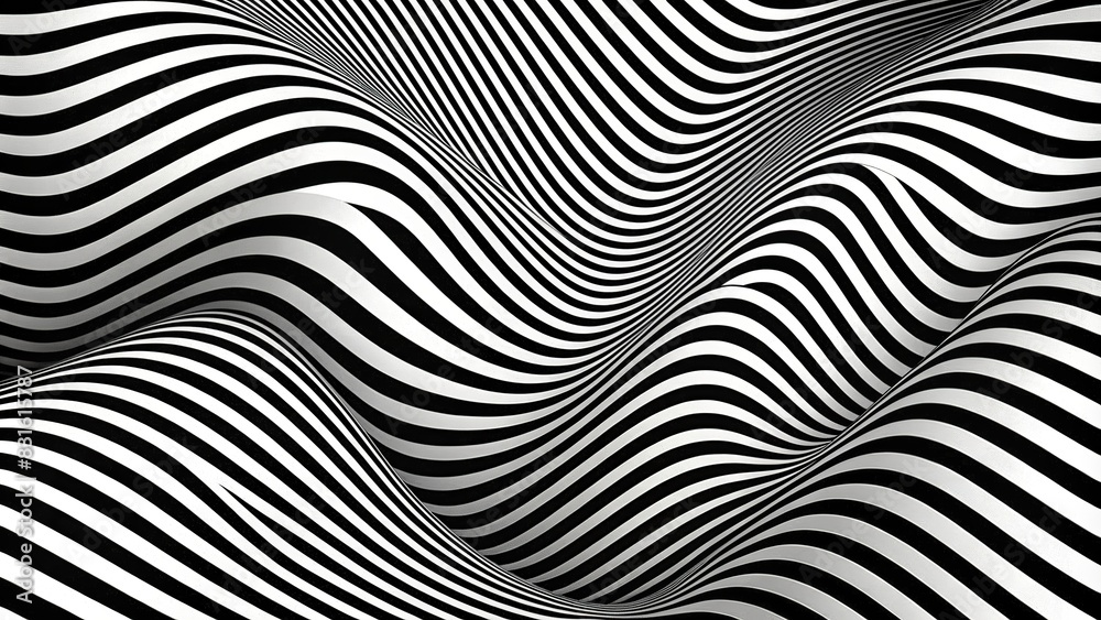 Abstract wavy lines creating an optical illusion effect on a black and white background