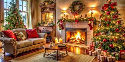 Cozy living room adorned with festive Christmas decorations and a crackling fireplace © artsakon