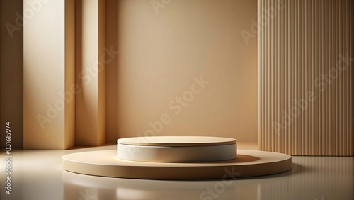 Minimalistic beige podium stage in brown cream empty room for showcasing beauty products