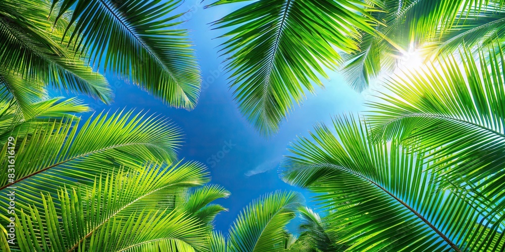Top view of tropical palm tree leaves against a clear blue sky background
