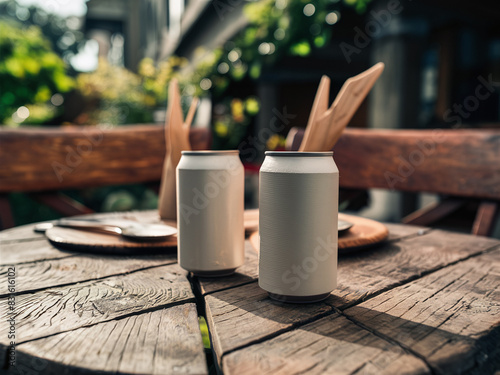 Two blank aluminum cans with straws on wooden table outdoors, with two glasses of iced tea in background.