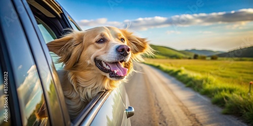 Happy dog enjoying the breeze with head out of car window photo
