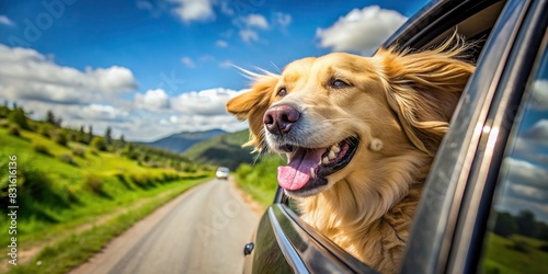 Happy dog enjoying the breeze with head out of car window photo