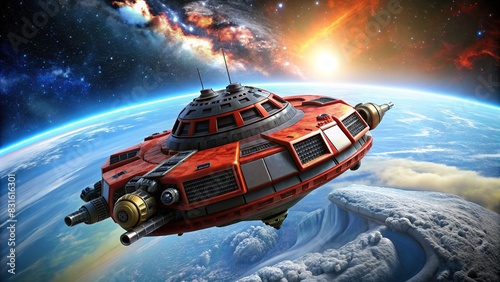 Red and black space ship with turret floating in space