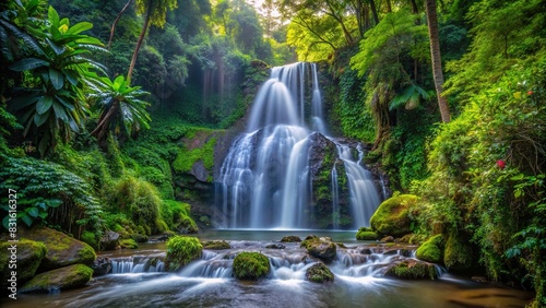 Remote waterfall hidden in dense forest foliage © artsakon