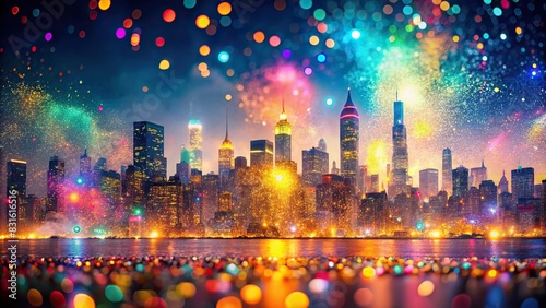 Colorful glitter particles overlapping with city skyline in double exposure effect photo