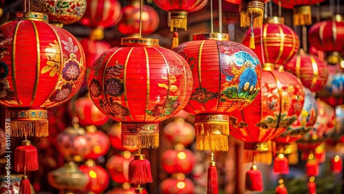 Vibrant red Chinese lanterns adorned with traditional symbols  perfect for festive decorations and cultural celebrations