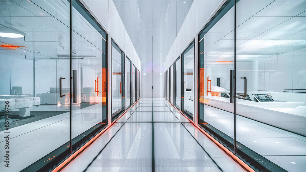Futuristic, high-tech office hallway with glass walls, bright lighting, symmetrical layout, reflective floor, and orange accents. Modern office chairs visible through glass walls. Futuristic, high-tech office hallway with glass walls, bright lighting, symmetrical layout, reflective floor, and orange accents. Modern office chairs visible through glass walls.