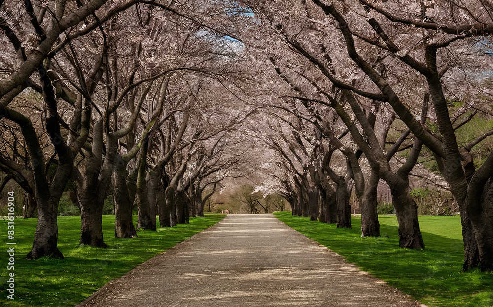 Serene pathway lined with cherry blossom trees in full bloom, creating natural archway. Surrounded by lush green grass, clear sky with hint of clouds. Serene pathway lined with cherry blossom trees in full bloom, creating natural archway. Surrounded by lush green grass, clear sky with hint of clouds.