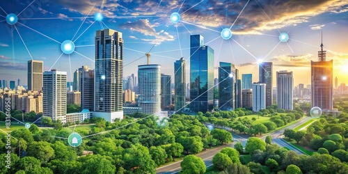 Smart city with eco-friendly tech solutions like IoT connected public services and energy-efficient buildings in a futuristic urban landscape