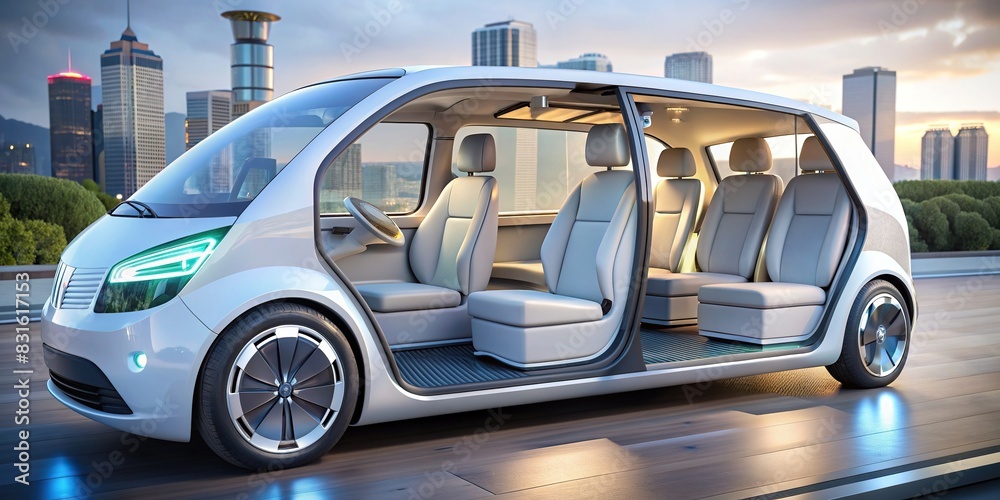 Modern self-driving concept car with customizable interior configurations