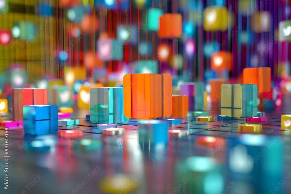 A dynamic illustration of colorful digital cubes floating against a dark, multi-colored background, creating a futuristic and high-tech vibe A dynamic illustration of colorful digital cubes floating against a dark, multi-colored background, creating a futuristic and high-tech vibe