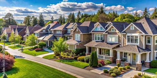 A picturesque suburban neighborhood showcasing various residential properties, highlighting the potential for profit in a strong real estate market photo