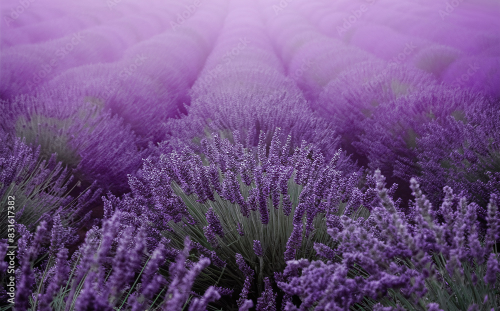Fototapeta premium Vast lavender field in full bloom, rows of purple flowers stretching into the distance. Captures serene, calming beauty of lavender plants under soft, diffused light.