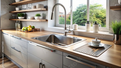 Modern kitchen sink and dishwasher setup with sleek faucet