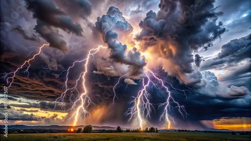 A dramatic stormy sky filled with dark clouds and flashes of lightning, creating an intense atmosphere photo