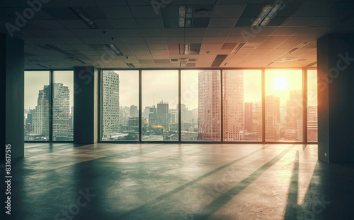 Empty office space with large windows showcasing panoramic city skyline during sunset. Room bathed in warm sunlight, casting long shadows on floor.