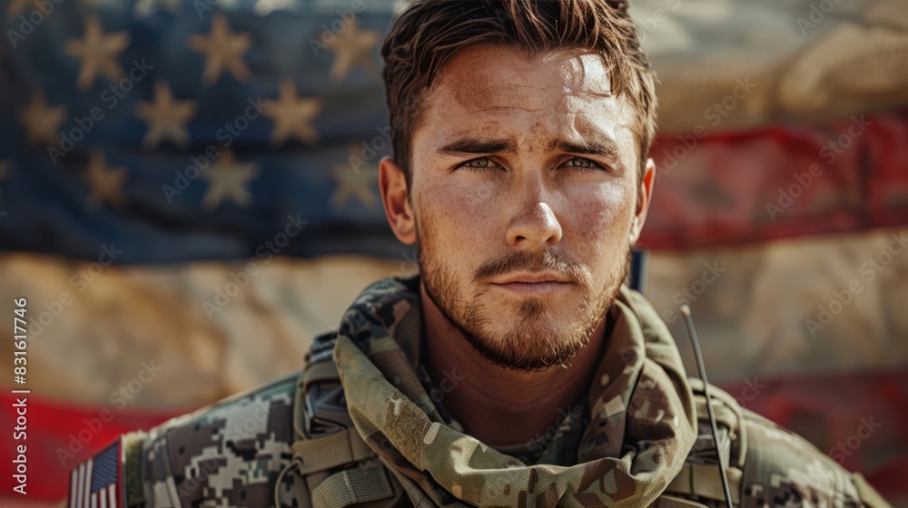 Caucasian Soldier in Military Gear Against USA Flag Background