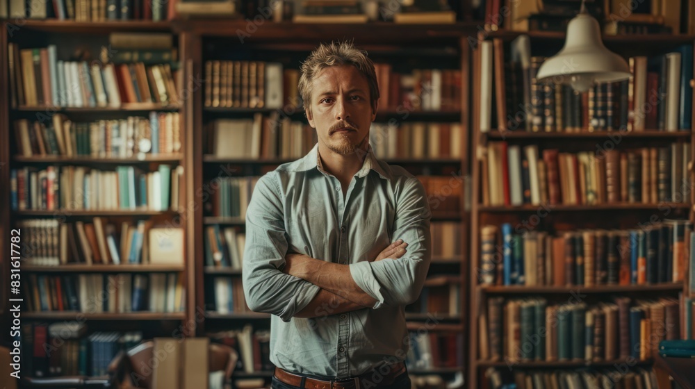 Caucasian Writer Posing in Library for Portrait Shot Caucasian Writer Posing in Library for Portrait Shot