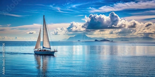 Sailboat navigating the calm ocean waters with distant islands on the horizon photo