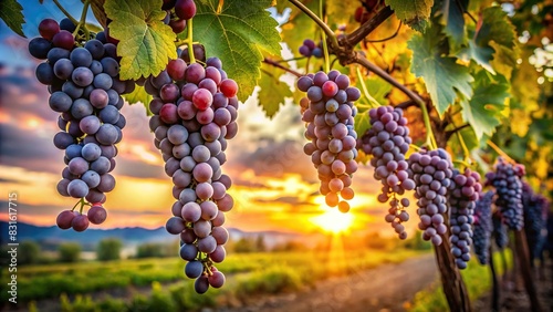 Vine grapes hanging on tree branches at sunset photo
