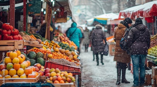 Fototapeta Naklejka Na Ścianę i Meble -  people are walking on snowy day at an outdoor market. Europe street. colorful stalls selling fruits in an urban life scene. generative AI